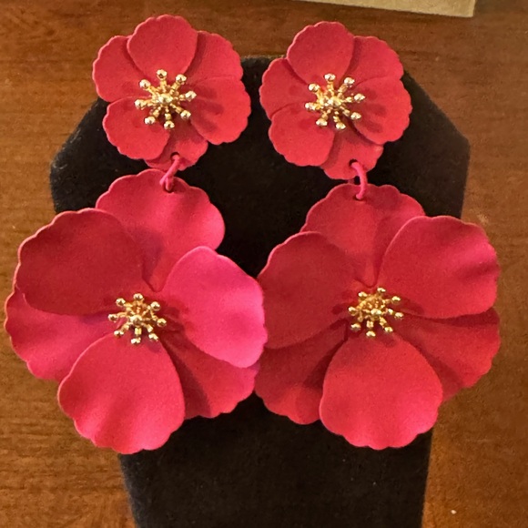 Rose Pinkish Red, Double Flower Dangle, Gold Center, Boho, Vacation Earrings - Picture 8 of 8